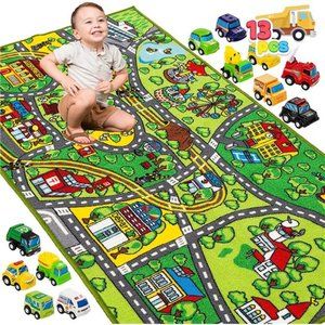 Carpet Playmat w/ 12 Cars Pull-Back Vehicle Set for Kids Age 3+, Jumbo Play Room